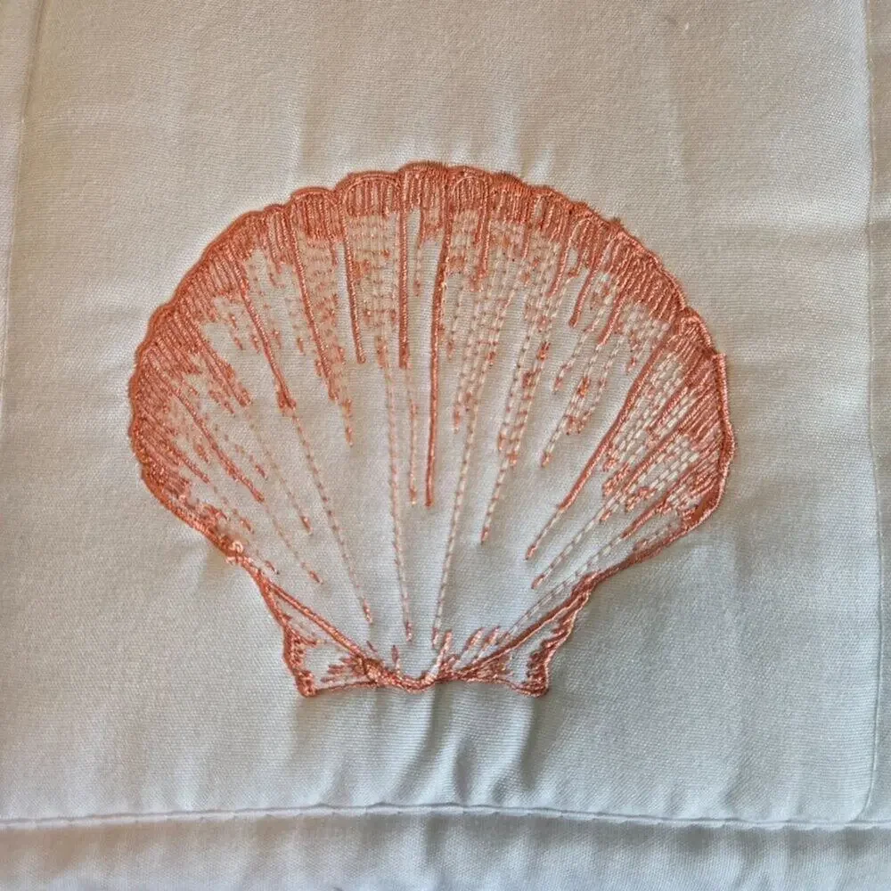 Coastal Quilt/Bedspread Twin Size White with Coral Seashell Embroidered Details